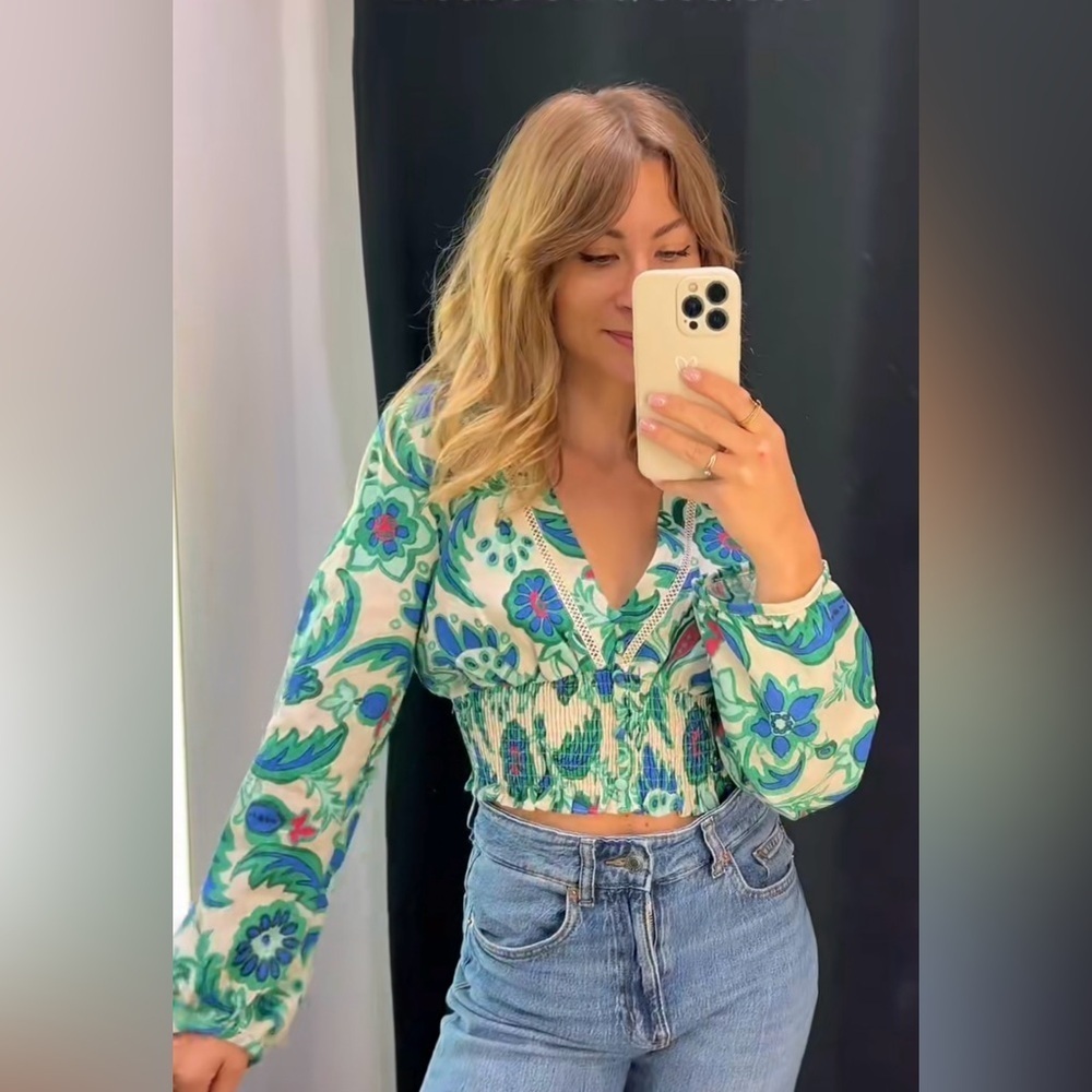 Zara Bloggers Favorite Bohemian V-Neck Floral Print Cropped Linen Blend Top Sz M